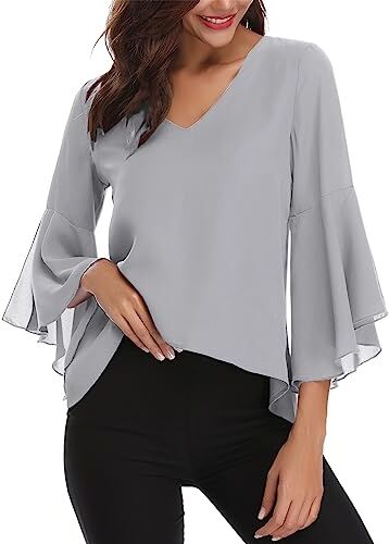 Gyabnw Camicetta Donna Casual in Chiffon Estiva Camicia Elegante Traspirante di 3/4 Manica a Volant Scollo a V Blusa Leggero Classiaca Grigio, XXL