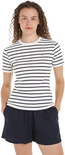 Tommy Hilfiger T-shirt Maniche Corte Donna New Slim Cody Scollo Rotondo, Multicolore (Breton Ecru/Desert Sky), XS