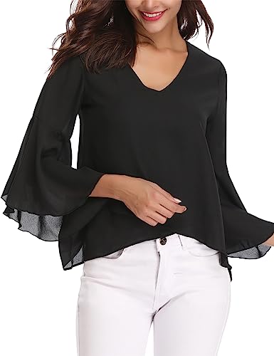 Gyabnw Camicetta Donna Casual in Chiffon Estiva Camicia Elegante Traspirante di 3/4 Manica a Volant Scollo a V Blusa Leggero Classiaca Nero, XL