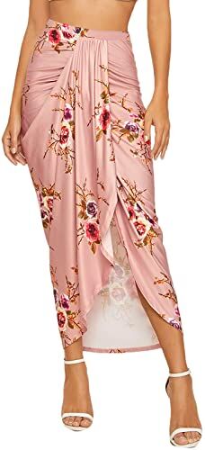 KEERADS Gonna Velluto A Costine Womens Flower Plaid Stampe Draped Slit High Elastic Waist Casual Gonna Avvolgere Vita Asimmetrica Gonna Pelle Lunga (Pink-B, M)