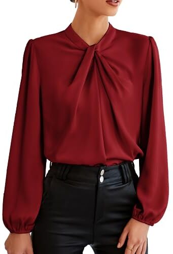 GRACE KARIN Camicia Donna Casual a Mnaica Lunga Scollo Rotondo a Lanterna da Cerimonia Vino Rosso XL