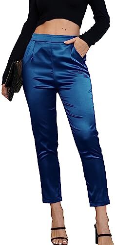 Fakanhui Abito da donna in raso di seta casual elastico a vita alta elasticizzato pantaloni eleganti pantaloni, C03 Blu Chic, XL