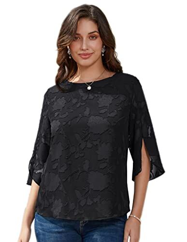 GRACE KARIN Camicia Donna Scollo Tondo Maniche 3/4 in Chiffon Camicetta Bluse Basic Estivo Causal Allentato Top Nero Fiori Pizzo 2XL