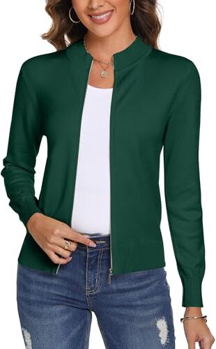 Aottori Cardigan Donna con Zip Maglione Cerniera Leggero Giacca in Maglia Elegante Golfino a Maniche Lunghe Pullover Aperta Casual per Primavera Autunno Invernale Verde M