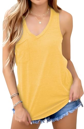 NONSAR Maglietta senza maniche da donna basic estiva a tunica, casual, con scollo a V, con tasca, giallo., L