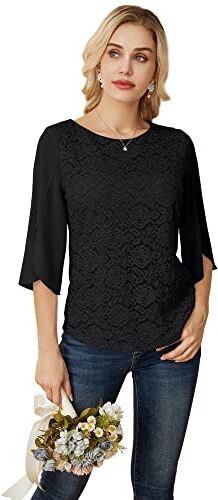 GRACE KARIN Donne Camicette Manica 3/4 Pizzo con Girocollo Colore Camicia Blusa Nero Pizzo 2XL