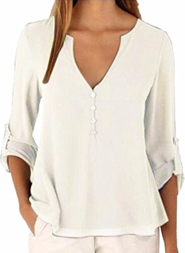 QIYUN.Z Donna Pulsante casual manica lunga con V-Collo chiffon Decor Bordo irregolare Camicie Tops 4XL bianco