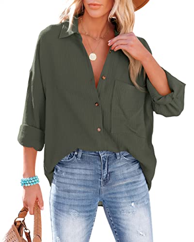 NONSAR Camicetta da donna casual camicia con scollo a V 100% cotone vestibilità ampia solida spessa top elegante con tasca, verde militare, S
