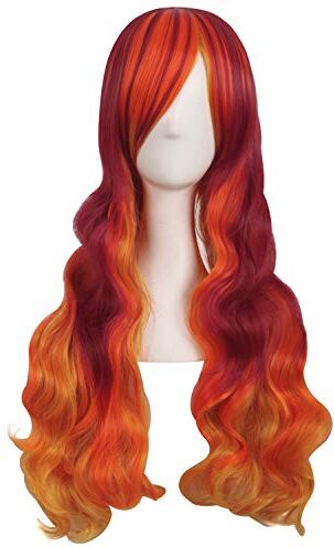 MapofBeauty 28 Pollic/70cm Ladies Cosplay Ricci Lunghe Scoppi Obliqui Parrucche (Fluorescente Arancione/Blood Rosso/Arancione Giallo)