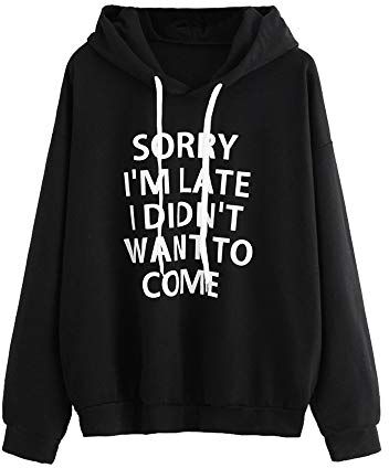 women hoody sweatshirt top Felpa con cappuccio Liusdh Wife"SOTTY I AM LATE I WOULD NOT WANT TO COME" stampa lunga felpa con cappuccio sciolto top tinta unita sport felpa nero Nero XX-L