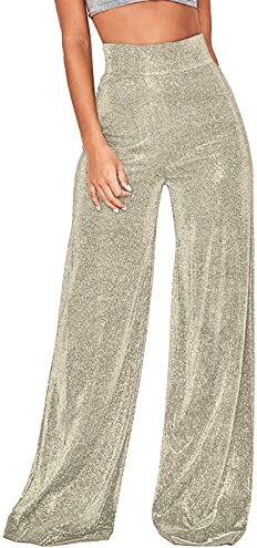 Generic Pantaloni da donna con paillettes glitterate a vita alta con fondo svasato, pantaloni elasticizzati casual per la casa, pantaloni alla moda (03A-Gold, S)