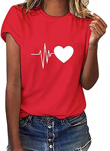 Tuopuda Magliette Donna Estive T-Shirt Manica Corta Elegante Top Cotone Crew Neck Graphic Tee Maglietta Casual Camicia Stampa Shirt Divertenti Sportivi Blusa Moda Top Taglie Forti, Rosso, M