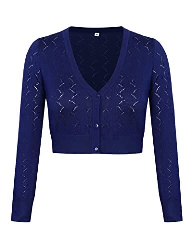 Irevial Cardigan Donna Maniche Lunghe Elegante Bolero a Bottoni Coprispalle Top Scollo a V Primavera Tinta Unita Blu Navy