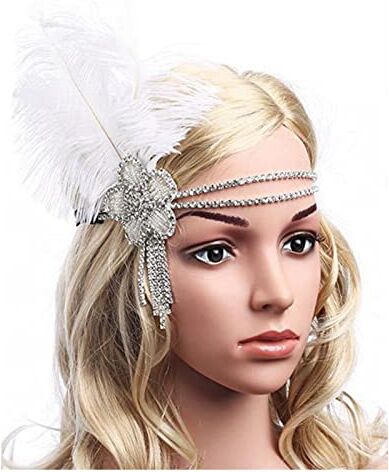 GERRIT Fascia Di Piume Bianco 1920s Flapper Fascia Accessori Gatsby Style 20s Copricapo Fascia Piume Di Pavone (Color : White Headband, Size : Taille unique)