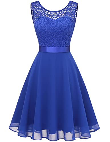 Berylove Abito da Donna in Pizzo Abito da Damigella d'Onore Elegante Abito da Cocktail Lunghezza al Ginocchio Chiffon Senza Maniche 05 Blu Reale B-Blu Reale 3XL