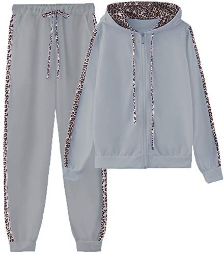 amropi Donna Tuta Sportiva Set Leopardato Maniche Lunghe Felpa con cappuccio e Jogging Pantaloni (Grigio, 4XL)