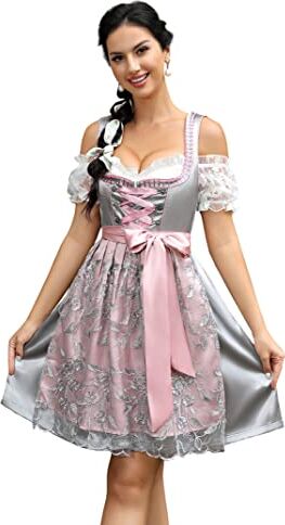 KOJOOIN Dirndl Costume Midi da Donna in 3 Pezzi. Trachten Moda tra Cui Abito Dirndl, Camicetta Dirndl, Grembiule Dirndl per Le Occasioni Speciali Dell'Oktoberfest Grigio (3 Parti) 38