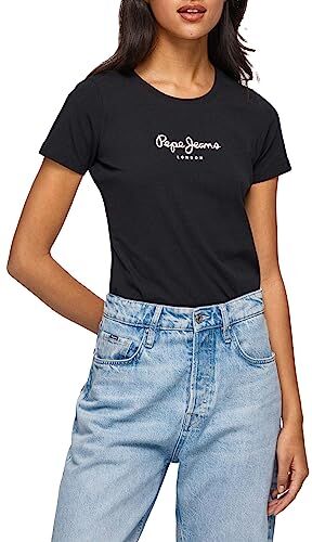 Pepe Jeans New Virginia Maglietta da Donna Slim Fit a Maniche Corte, Nera, XL