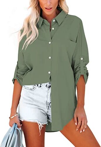 Homlan Camicia da Donna in Cotone, a Maniche Lunghe, Arrotolabile, Elegante, Casual, con Bottoni, Tinta Unita, a Maniche Lunghe, con Tasche sul Petto, Verde Militare, S