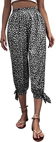 KEERADS Pantaloni Cargo Pantaloni Capri in lino stampati a fiori da donna Pantaloni corti estivi in vita elastica con tasche Pantaloncini mestruali abbondanti (Black #3, S)