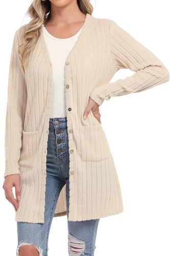 Aottori Cardigan Donna Lungo Cardigan a Maniche Lunghe Giacca in Maglia Elegante Maglione Aperto con Bottoni e Tasche Cardigan Casual per Primavera Autunno Albicocca S