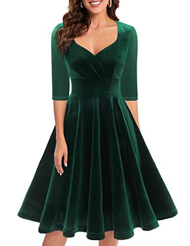 Bbonlinedress Abiti di Natale Donne 3/4 Manica Scollo a V Abiti al Ginocchio Festive Velluto Abiti Elegante Abito Inverno Abito da Cocktail Dark Green 3XL