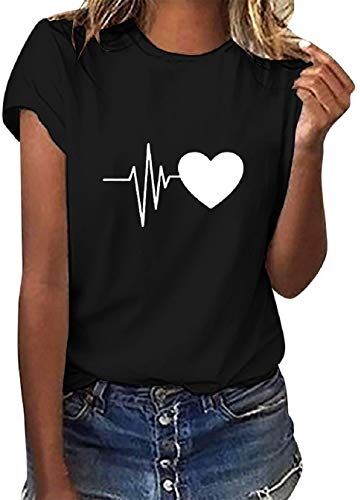 Tuopuda Magliette Donna Estive T-Shirt Manica Corta Elegante Top Cotone Crew Neck Graphic Tee Maglietta Casual Camicia Stampa Shirt Divertenti Sportivi Blusa Moda Top Taglie Forti, Nero, XXL