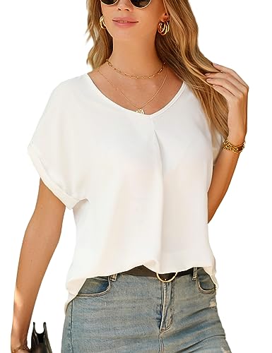 Yuson Girl Camicia Donna Maglietta Chiffon Donna Maniche Corte Camicetta con Scollo a V Elegante Blusa Estivi di Colore Puro Manica da Donna Casual Top T Shirt Sexy Donna Manica Corta(Bianco, M)