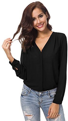 Urban GoCo Donne Camicette Manica Lunga Pieghe Chiffon con Scollo V Colore Puro Camicia Blusa Nero S