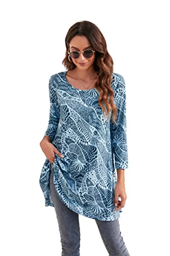 Enmain Maglietta Lunga Donna Floreale Blu a Maniche Lunghe Camicetta Ampia Elegante Camicetta Lunga con Scollo Tondo Elasticizzato L