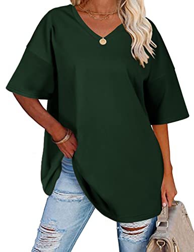 heekpek T Shirt Donna Cotone Scollo a V Oversize Magliette Donna Manica Corta Estive Casual Classica Tee Shirt Top, Verde, M