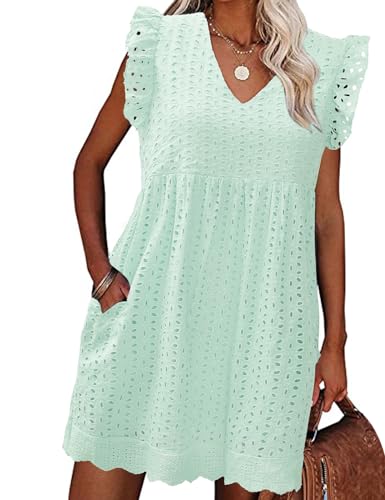 heekpek Abito Estivo Donna Scollo a V Vestito Corto Donna Senza Maniche Cotton Comodo Abito a Canotta Ruffles Floreale Vuoto Jacquard Casual Abito Mare Spiaggia, Verde, S