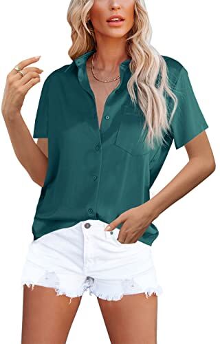 Homlan Camicia da Donna Elegante con Scollo a V, in Raso, a Maniche Corte, Casual, con Tasca sul Petto, Verde Scuro, M