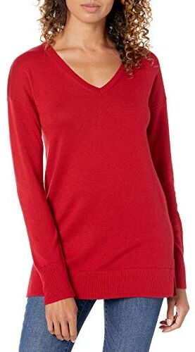 Amazon Essentials Maglione A Tunica Leggero A Maniche Lunghe Con Scollo A v (Disponibile In Taglie Forti) Donna, Rosso, S