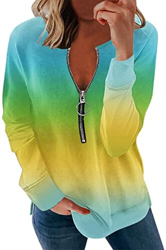 Generic Casual Gradient Pringting Zipper Long Sleeves Casual Camicetta Top Pullover Donna Glitter (Verde, S)