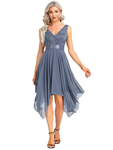 Ever-Pretty Abiti da Sera Senza Maniche con Scollo a V Stile Impero Linea ad A in Pizzo Chiffon al Ginocchio con Orlo Asimmetrico da Donna Blu Tempesta 58