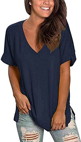 Tuopuda Maglietta Manica Corta Donna, T-Shirt Scollo a V Estiva Elegante Camicia Casual Tinta Unita Camicetta Sportivi Cotone Stretch Moda Top Taglie Forti Manica Blusa, Blu Navy, L