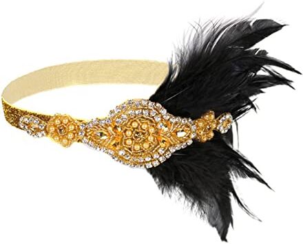 GERRIT Fascia Di Piume Rhinestone Beaded Sequin Hair Band 1920S Vintage Party Headpiece Women Flapper Feather Fascia Fascia Abbigliamento Paesaggio Fascia Piume Di Pavone (Color : Gold)