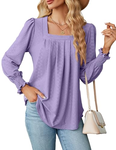 Heersan Maglietta da Donna con Collo Quadrato Camicia Manica Lunga Elegante Bluse Basic Tee Shirt Top di Moda Maglietta Casual Tinta Unita Autunno Primavera Tunica(S-XXL)