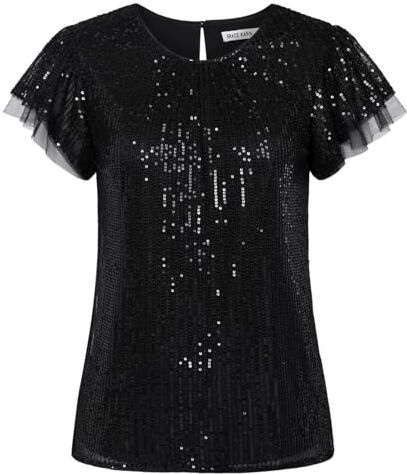 GRACE KARIN Top con Paillettes da Donna Manica Corta Balza Girocollo Glitter Sciolto Festa Cena Club Gite Tempo Libero Camicie, Nero, XL