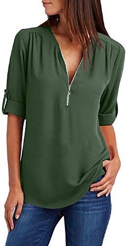 Tuopuda Magliette Donna Estive Camicette Manica Lunga Camicia Elegante Blusa Moda T-Shirt Scollo a V Top con Cerniera Tee Maglietta Casual Shirt Tinta Unita Pullover Taglie Forti, Verde, S