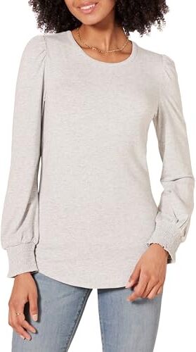 Amazon Essentials T-Shirt Girocollo a Manica Lunga con Polsini Punto Smock Donna, Grigio Puntinato, XL