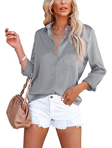 Homlan Camicia da donna elegante con scollo a V, in raso, a maniche lunghe, casual, con tasca sul petto, grigio., M