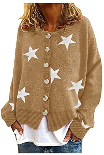 Generic Cardigan da donna caldo con stampa margherita a maniche lunghe con scollo a V, elegante maglione top cardigan da donna taglie forti (03D-kaki, M)