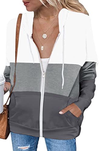 EUDOLAH Felpa di Blocchi Donna di Colore con Cappuccio e Zipper Cappotto Casual Ragazza Autunno Primavera M,Bianco