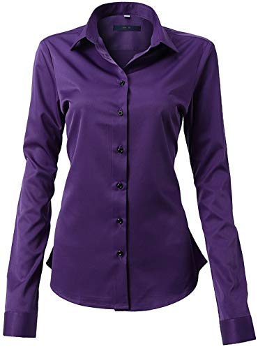 Hawk Camicia Basic da Donna Manica Lunga Camicetta Casual Blusa Chiusura Bottoni Slim Fit Formale Elegante in Fibra bambù Camicia Shirt Ideale per Ufficio/Lavoro/Colloquio (Viola1, EU42)