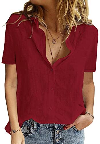 PASUDA Camicia Donna Estiva Camicetta da Donna Manica Corta Cotone Elegante Blusa Maglietta Scollo a V Top con Bottoni Moda Casual T Shirt Tinta Unita Classico Maglia Tees (Vino Rosso, XXL)