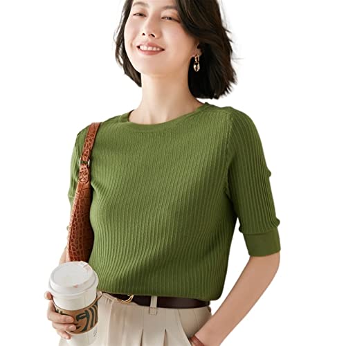 OXITA Maglione Caldo Da Donna Maglione attillato in lana di cotone da donna, T-shirt a mezza manica con scollo rotondo, maglione lavorato a maglia di base (Color : Green, Size : S)