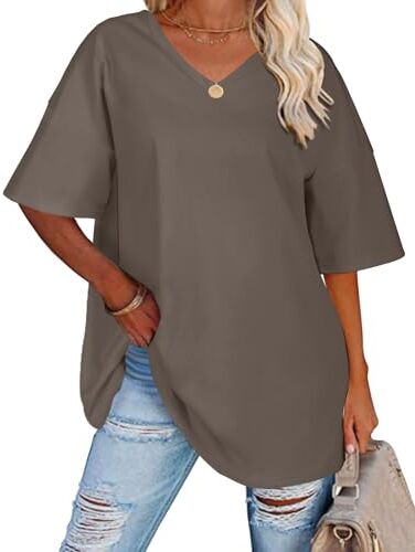 heekpek T Shirt Donna Cotone Scollo a V Oversize Magliette Donna Manica Corta Estive Casual Classica Tee Shirt Top, Grigio Scuro, XL