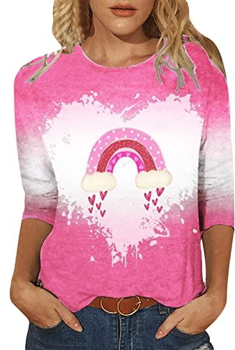 Generic Maglia casual da donna con maniche a tre quarti, maglietta girocollo casual, San Valentino, amore, camicetta stampata, top a tunica, top nero da donna stretto (Pink, M)